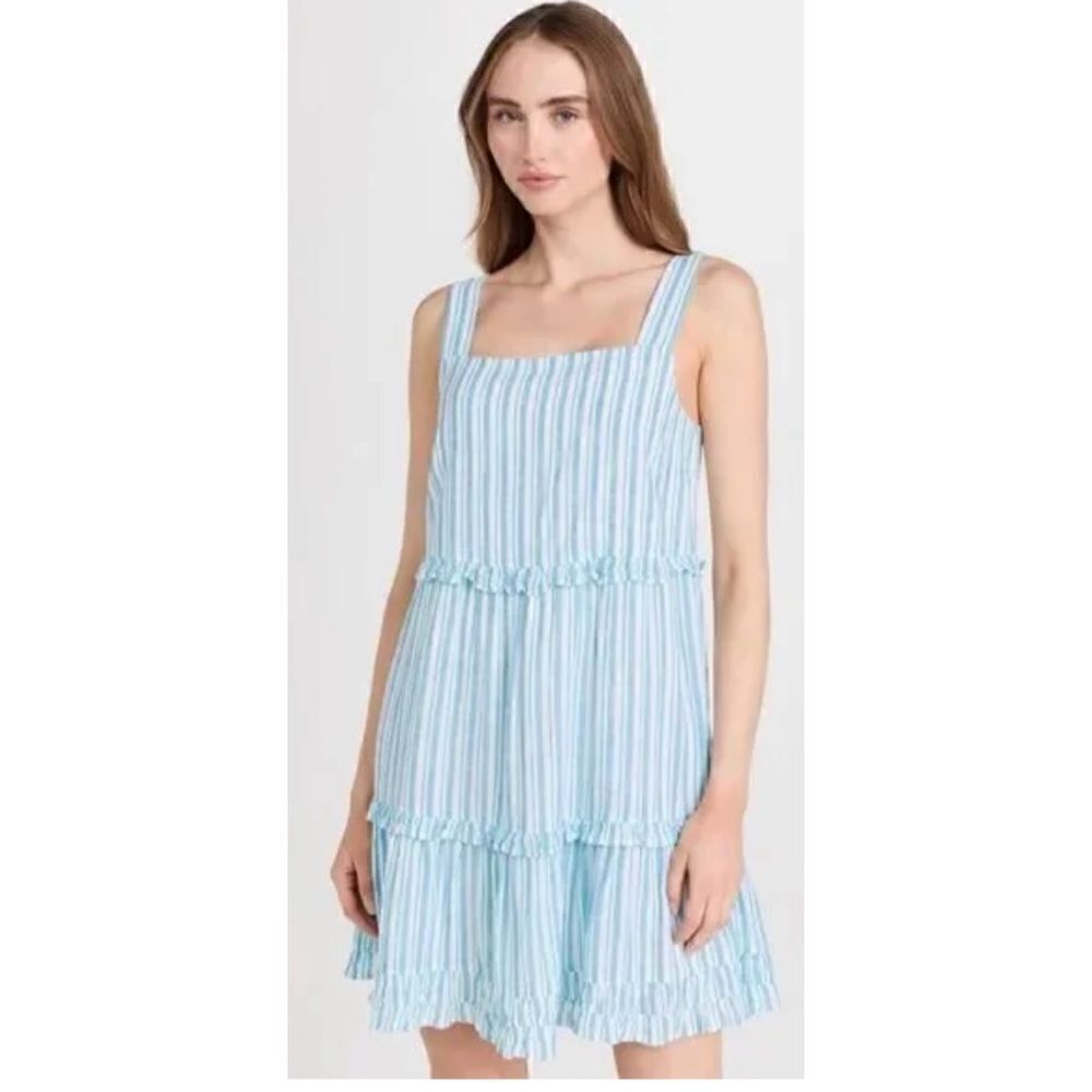 Rails Sandy Dress Linen Blend Striped Ruffle Mini in Laguna Stripe Size S - Picture 3 of 9